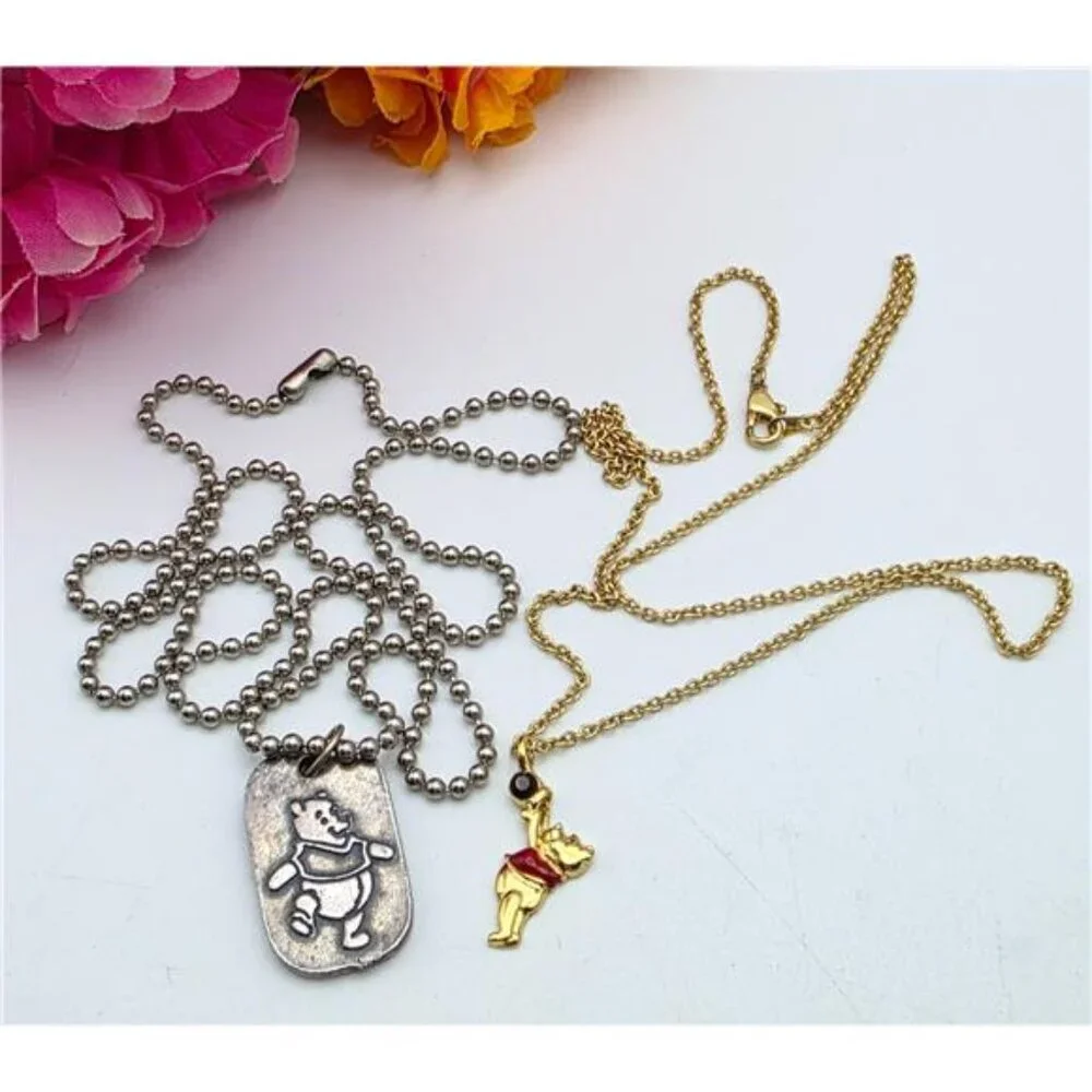 Disney Winnie Pooh Necklace Set 2 Pc Enamel Pendant Silver Dog Tag 18